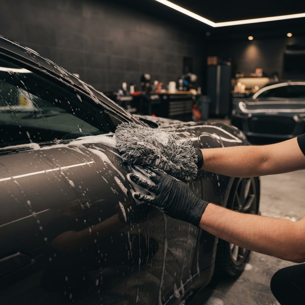 Gloved hands hand washing a luxury car