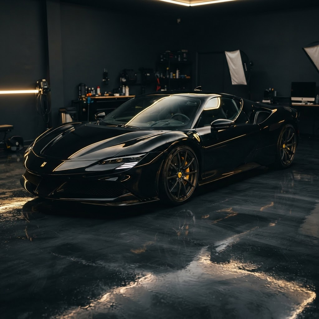 Glossy black luxury sports car in a professional detailing studio