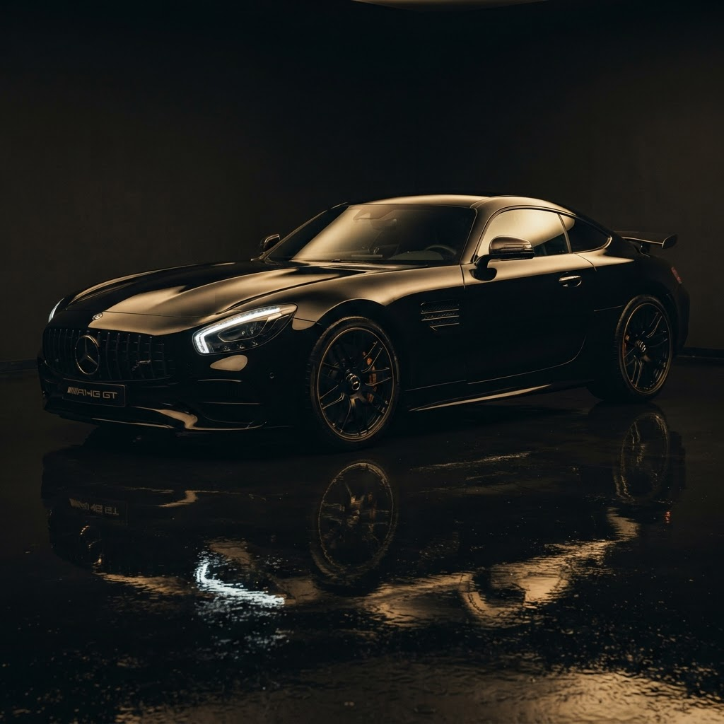 Freshly detailed black Mercedes-AMG GT sports car